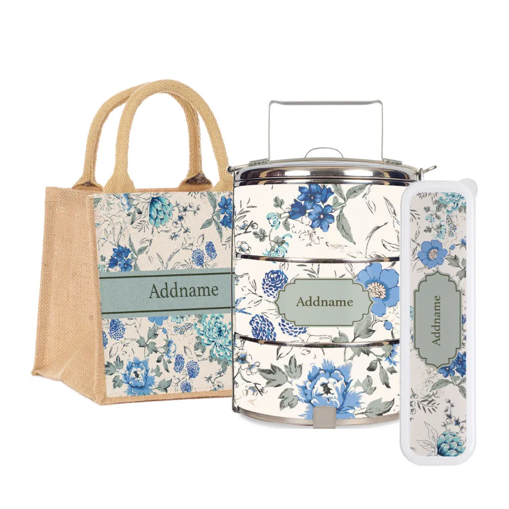 Flora Carolina Tiffin Carrier, Jute Tote Bag  & Cutlery Set [FREE Custom Add Name]