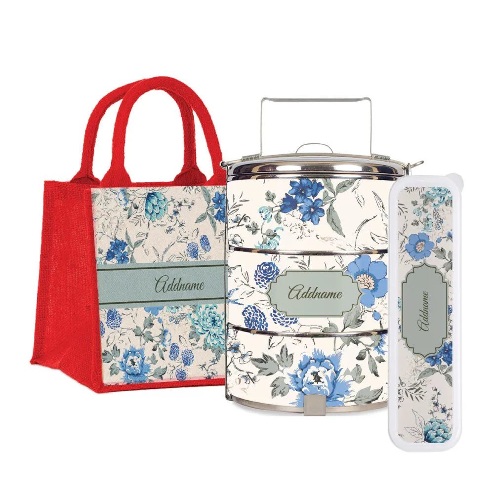 Flora Carolina Tiffin Carrier, Jute Tote Bag  & Cutlery Set [FREE Custom Add Name]