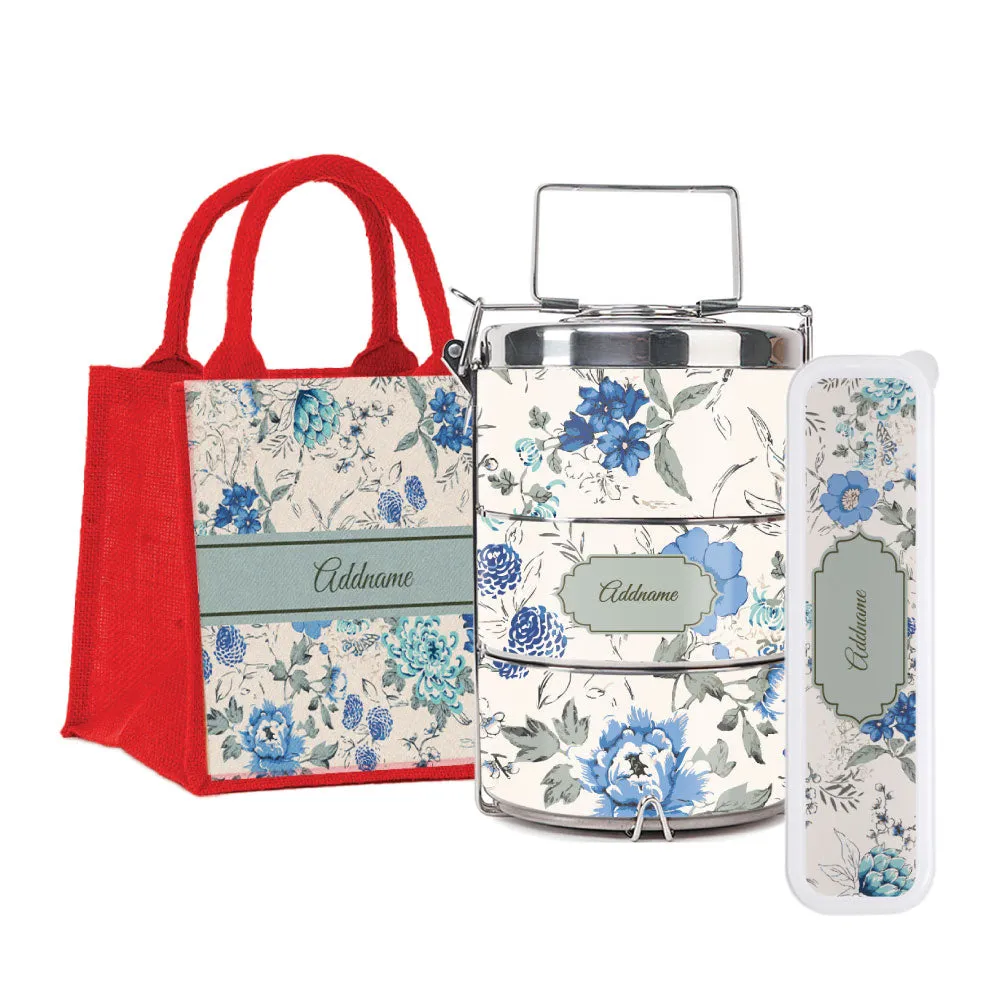 Flora Carolina Tiffin Carrier, Jute Tote Bag  & Cutlery Set [FREE Custom Add Name]