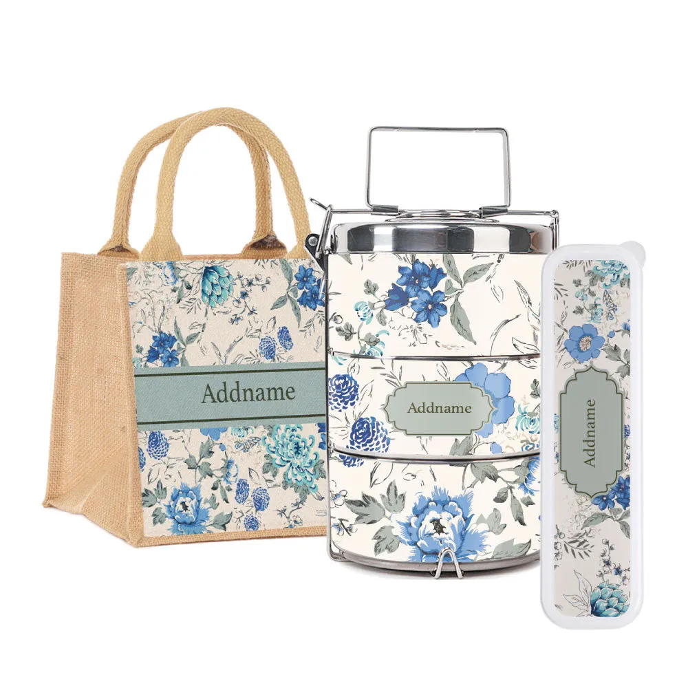 Flora Carolina Tiffin Carrier, Jute Tote Bag  & Cutlery Set [FREE Custom Add Name]