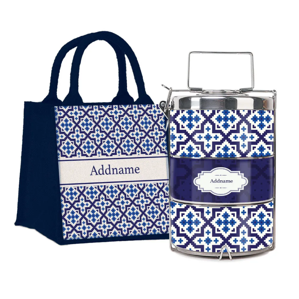 Flora Motif Moroccan & Mosaic Series 3-Tier Premium Medium 13.5cm Tiffin Carrier [FREE Custom Add Name]