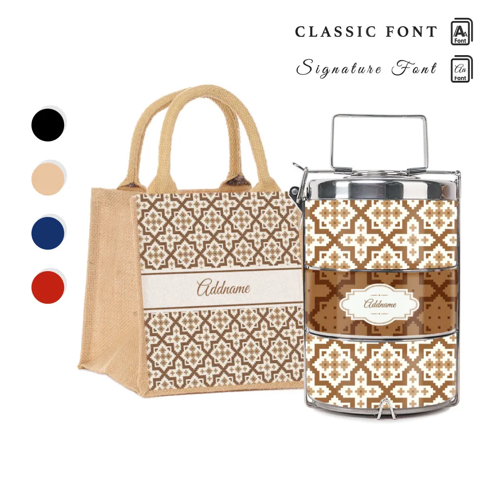 Flora Motif Moroccan & Mosaic Series 3-Tier Premium Medium 13.5cm Tiffin Carrier [FREE Custom Add Name]