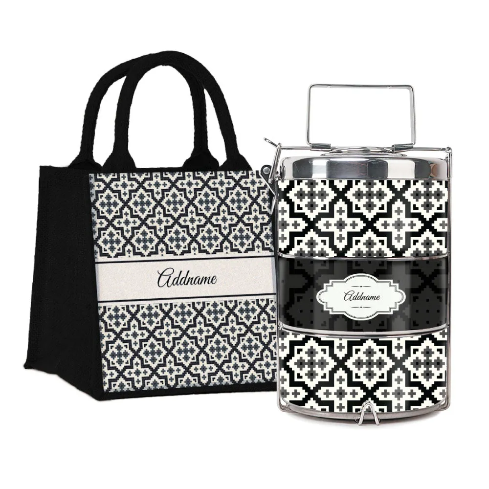 Flora Motif Moroccan & Mosaic Series 3-Tier Premium Medium 13.5cm Tiffin Carrier [FREE Custom Add Name]