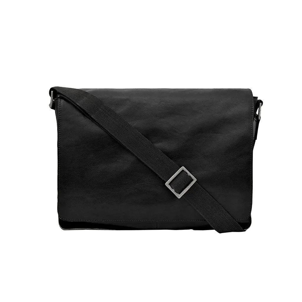 Fred Leather Laptop Messenger Bag in Black