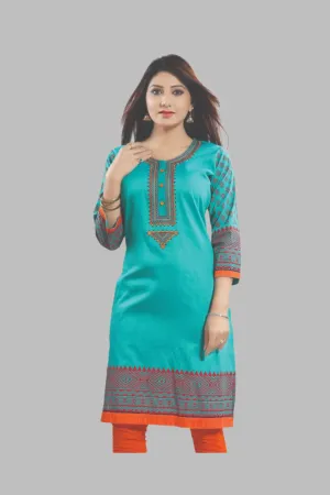 Gorgeous Cotton Silk Kurti in Denim Green with Border at bottom