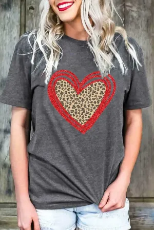 Gray Sequin Tee Leopard Heart Graphic T-Shirt