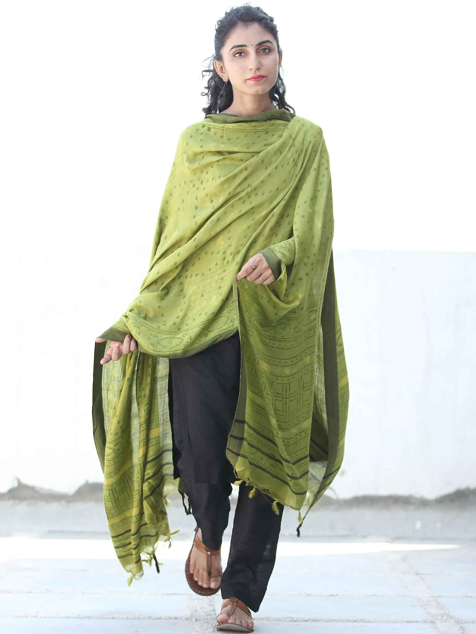 Green Black Cotton Hand Block Printed Dupatta  - D04170473