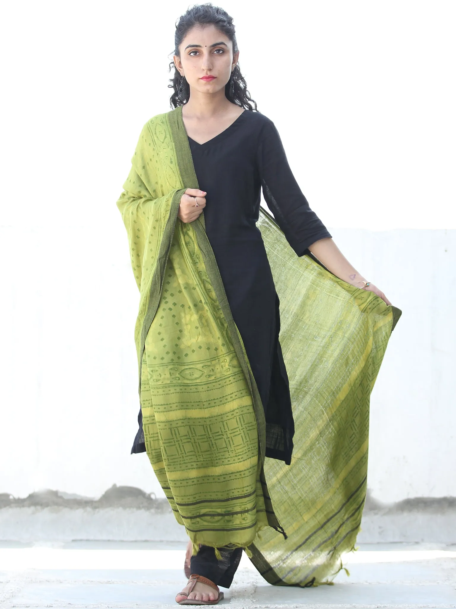 Green Black Cotton Hand Block Printed Dupatta  - D04170473