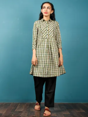 Green Ivory Mustard  Hand Woven Ikat Cotton Check Tunic Cum Dress  - Tun04F1268