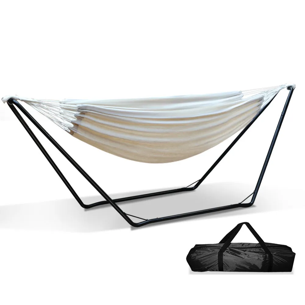 Hammock Bed with Steel Frame Stand Cotton Fabric Sleep Seat Outdoors Free Standing