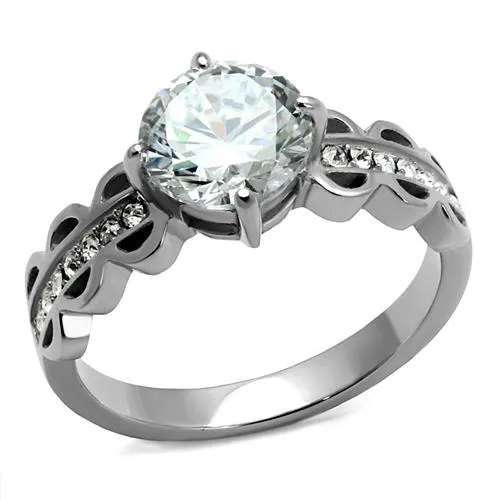 High polished (no plating) Stainless Steel Ring with AAA Grade CZ in Clear for Women Style TK2658