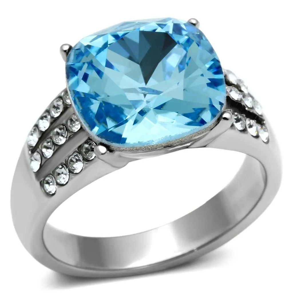 High polished (no plating) Stainless Steel Ring with Top Grade Crystal in Sea Blue for Women Style TK647