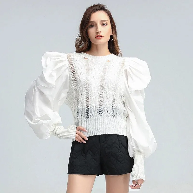 Hole Patchwork Sweater For Women O Neck Puff Sleeve Casual Pink Sweaters Female Spring Fashion Clothing