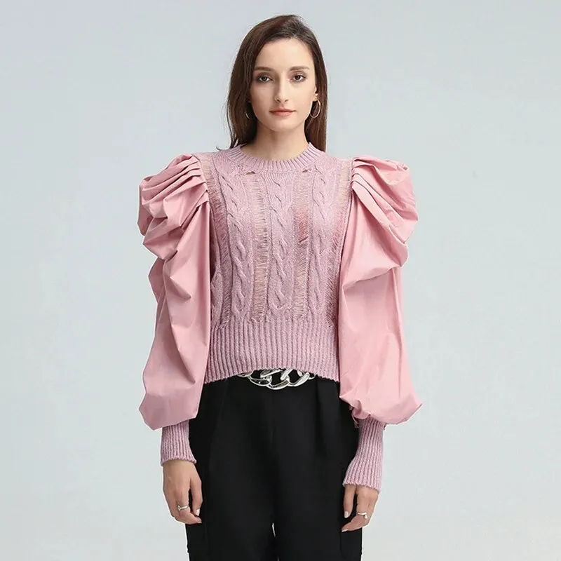 Hole Patchwork Sweater For Women O Neck Puff Sleeve Casual Pink Sweaters Female Spring Fashion Clothing