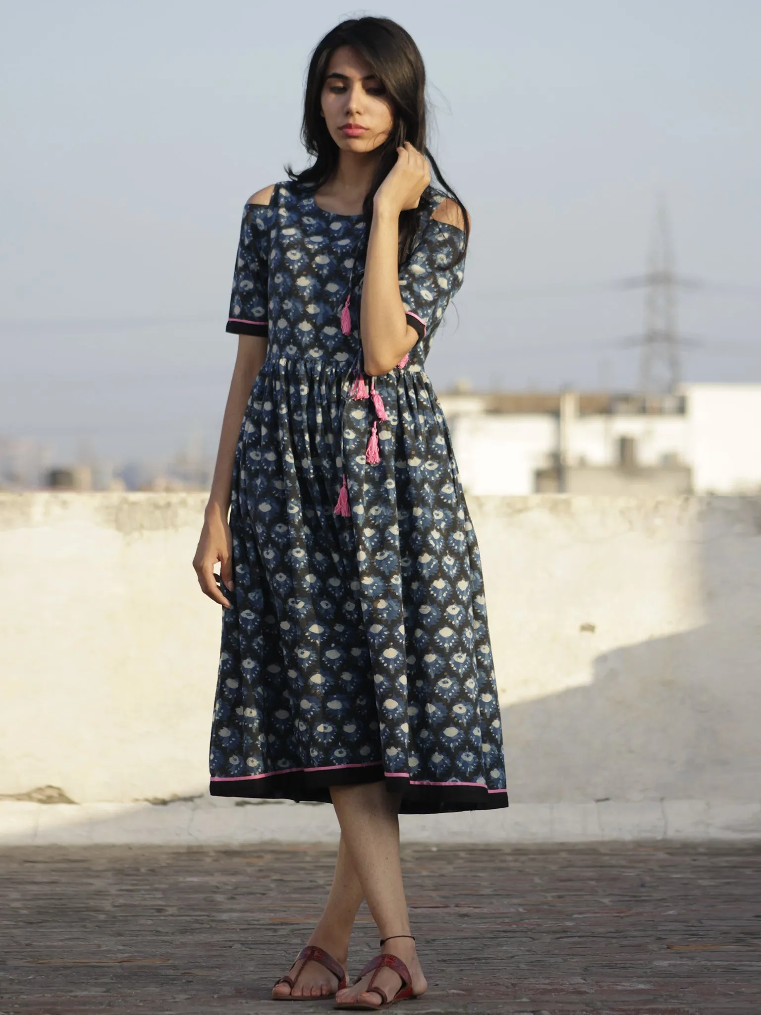 Indigo Black Ivory Pink Hand Block Printed Dress With Cold Shoulders And Tassels - D69F908