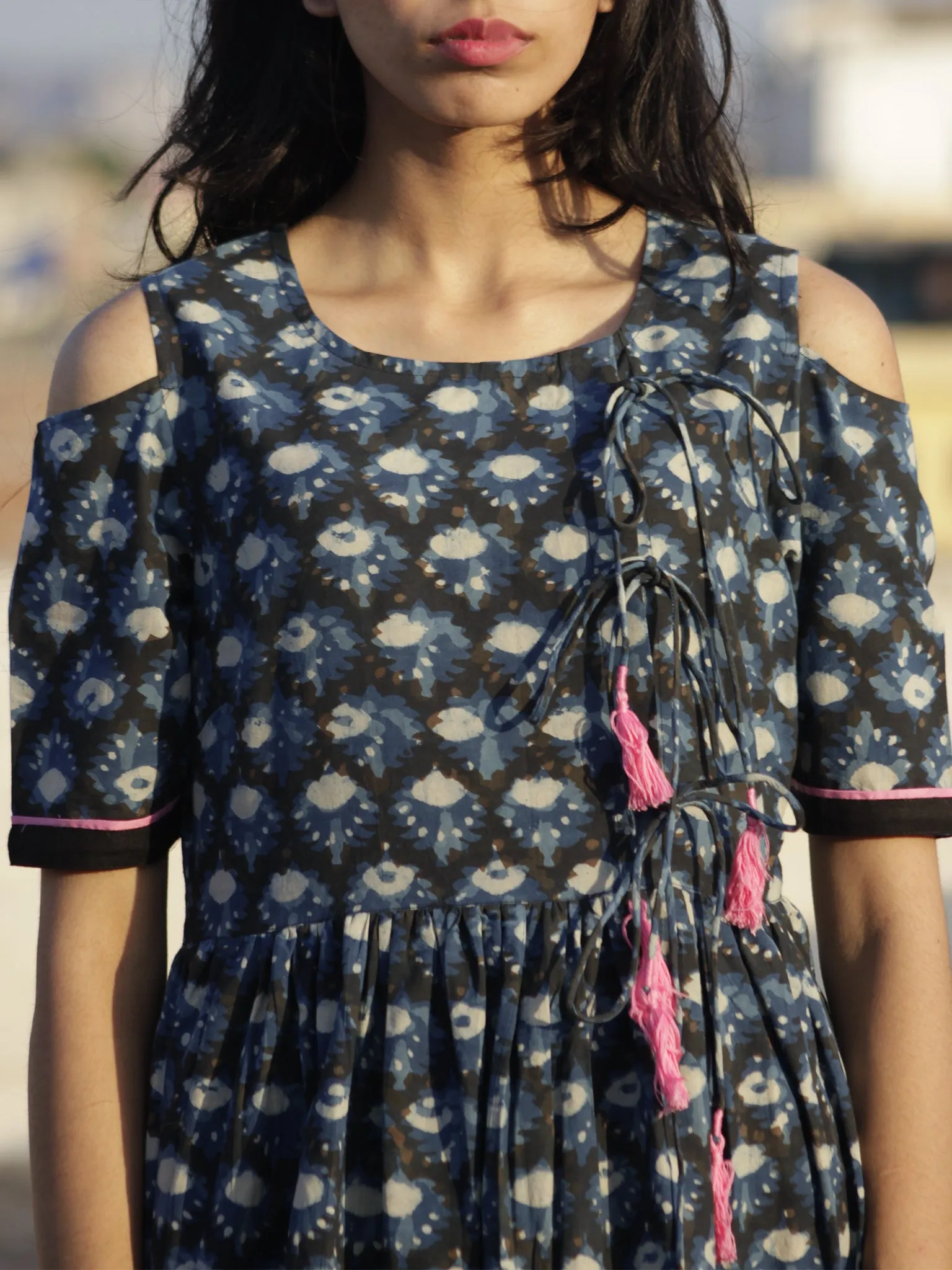 Indigo Black Ivory Pink Hand Block Printed Dress With Cold Shoulders And Tassels - D69F908