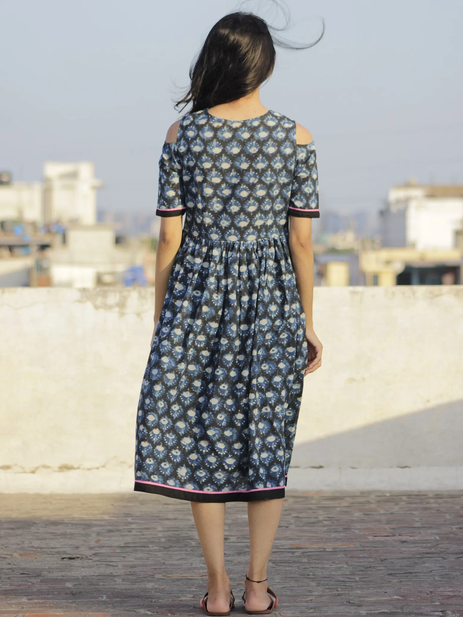 Indigo Black Ivory Pink Hand Block Printed Dress With Cold Shoulders And Tassels - D69F908