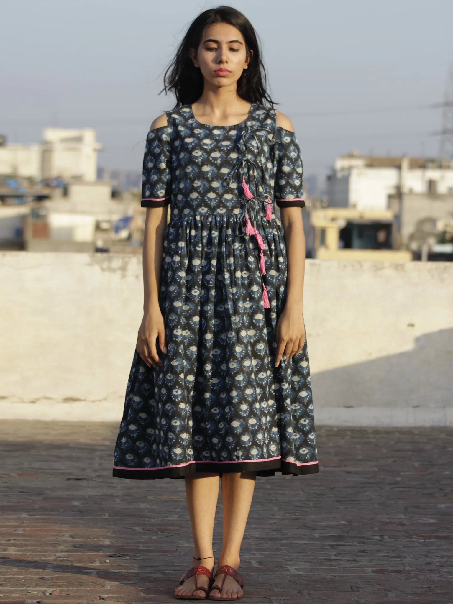 Indigo Black Ivory Pink Hand Block Printed Dress With Cold Shoulders And Tassels - D69F908