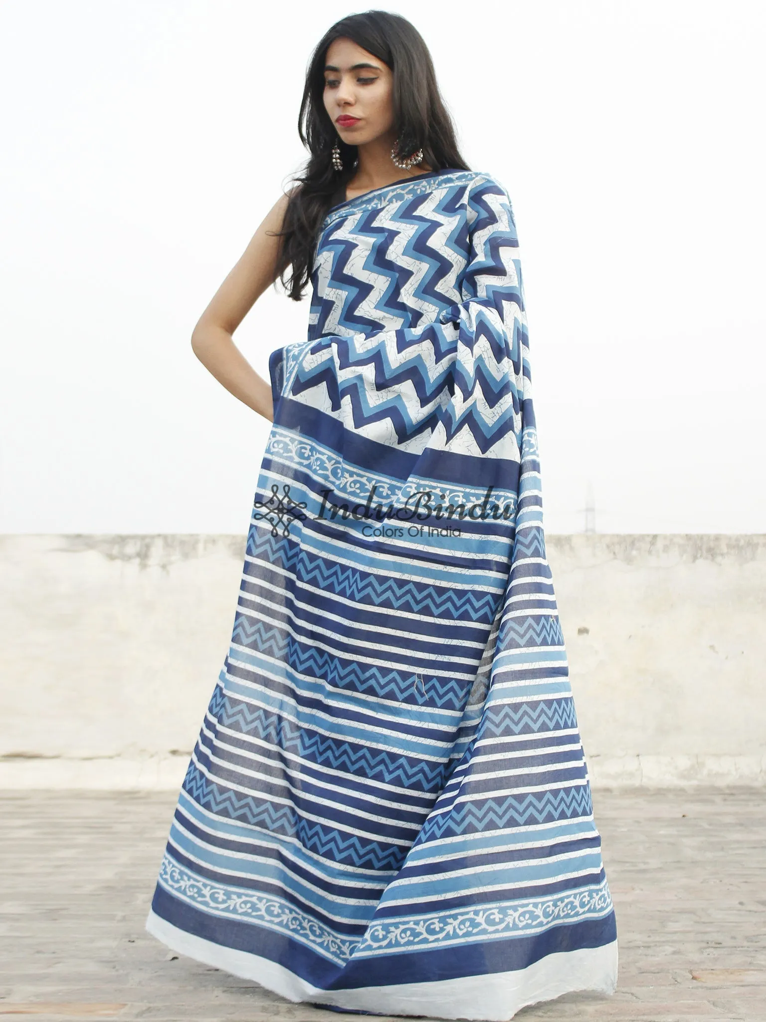 Indigo Blue White Hand Block Printed Cotton Saree In Natural Colors - S031702368