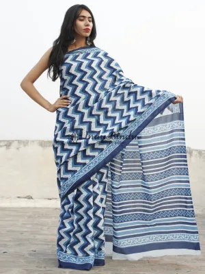 Indigo Blue White Hand Block Printed Cotton Saree In Natural Colors - S031702368