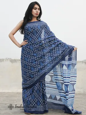 Indigo Blue White Hand Block Printed Cotton Saree In Natural Colors - S031702386