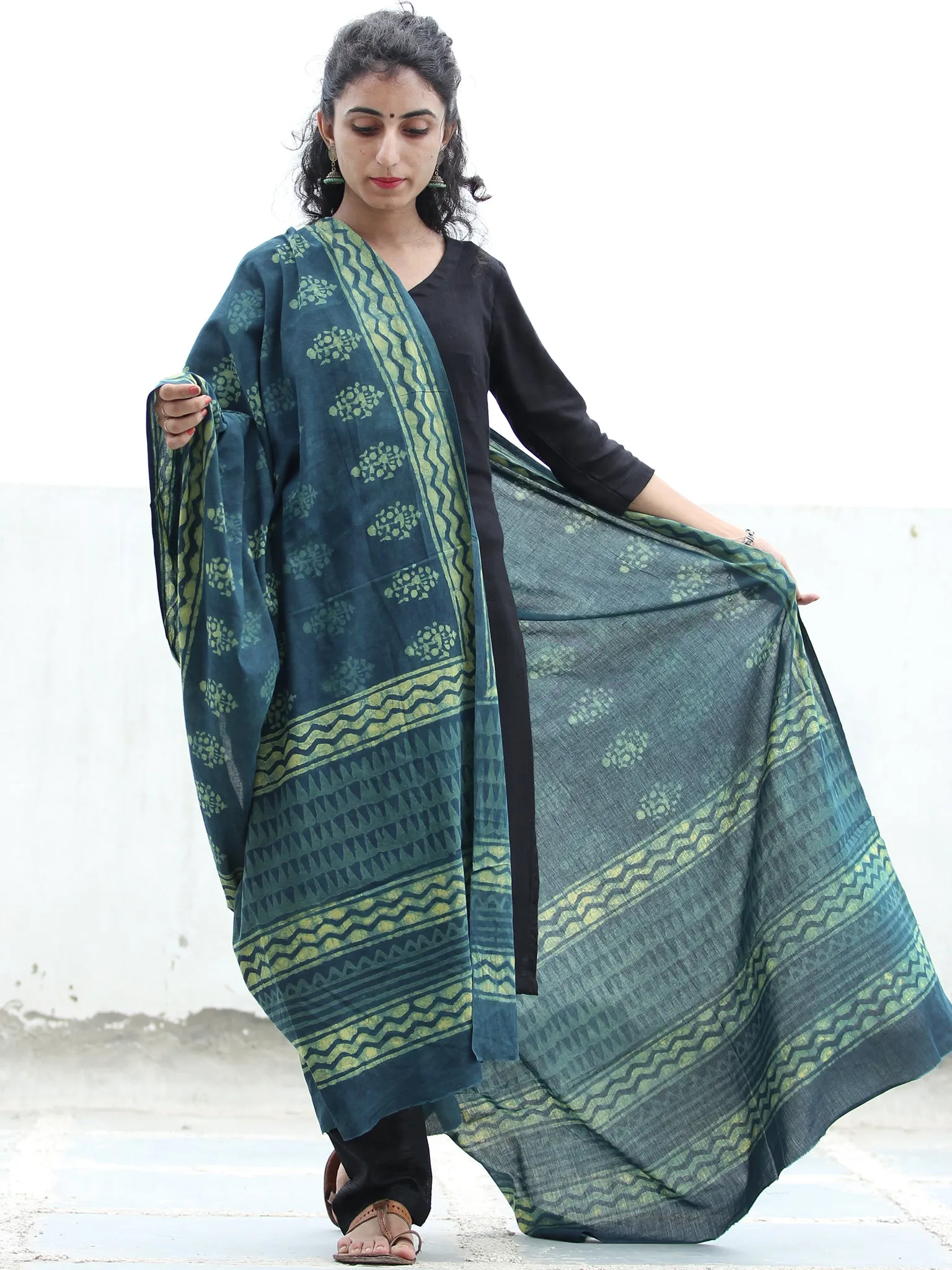 Indigo Green Yellow  Handloom Cotton Hand Block Printed Dupatta - D04170384