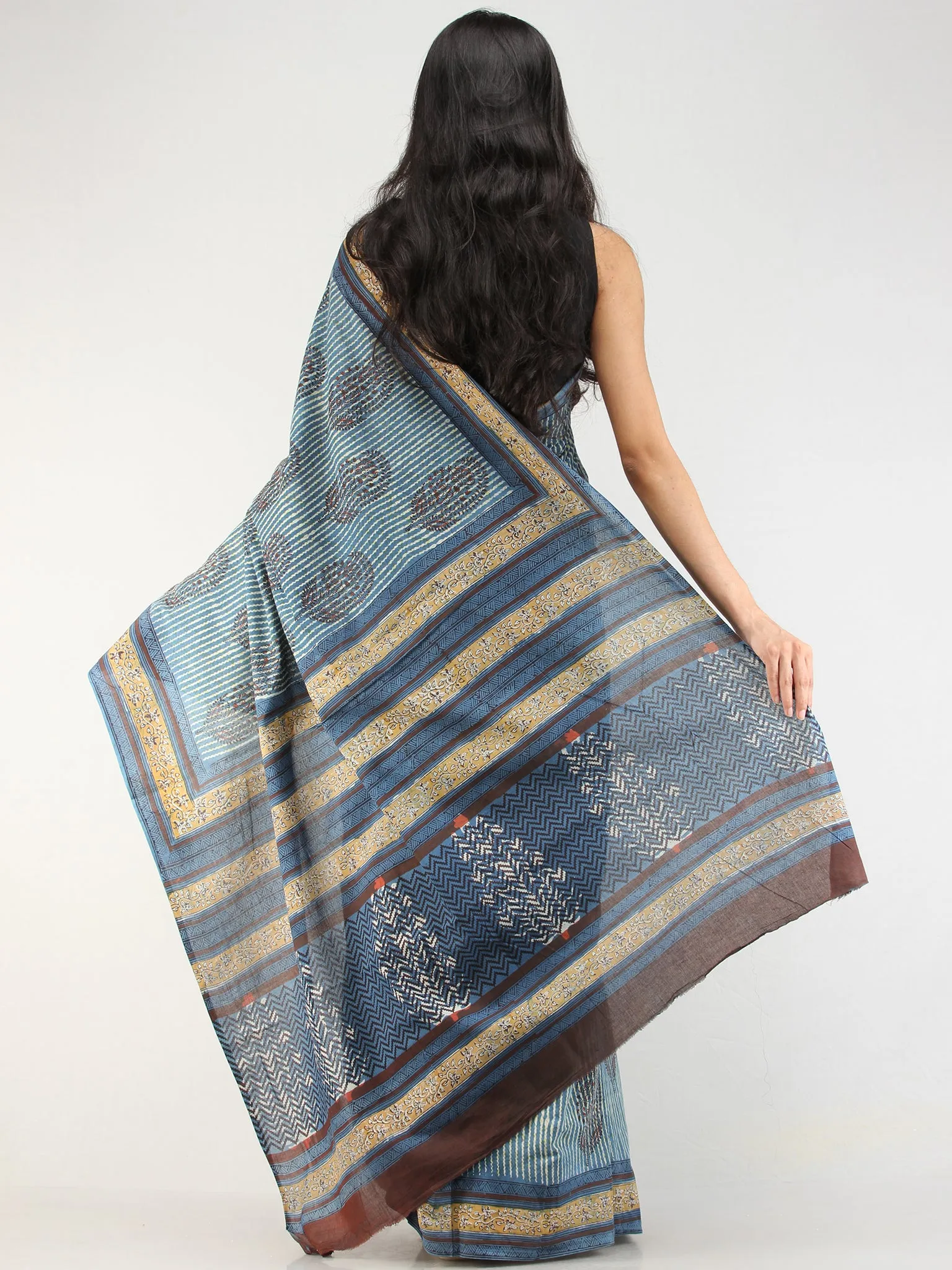 Indigo Mustard Offwhite Hand Block Printed  Cotton Mul Saree - s031704537