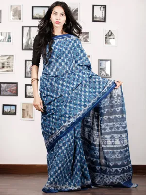 Indigo White Black Rust Hand Block Printed Cotton Saree In Natural Colors - S031702919