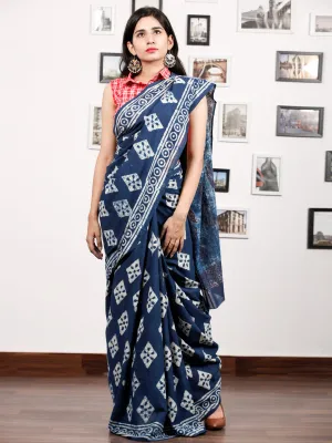 Indigo White Maroon Hand Block Printed Cotton Mul Saree in Natural Colors - S031703178