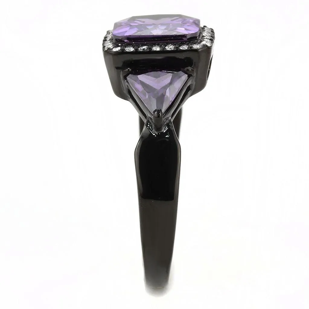 IP Black(Ion Plating) Stainless Steel Ring with AAA Grade CZ in Amethyst for Women Style DA346