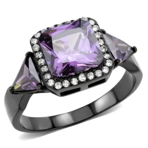 IP Black(Ion Plating) Stainless Steel Ring with AAA Grade CZ in Amethyst for Women Style DA346