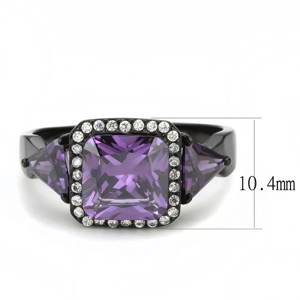 IP Black(Ion Plating) Stainless Steel Ring with AAA Grade CZ in Amethyst for Women Style DA346