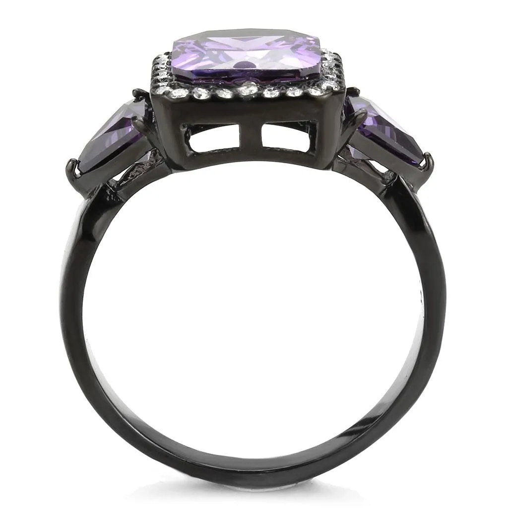 IP Black(Ion Plating) Stainless Steel Ring with AAA Grade CZ in Amethyst for Women Style DA346