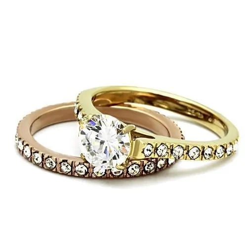 IP Gold & IP Rose Gold (Ion Plating) Stainless Steel Ring with AAA Grade CZ in Clear for Women Style TK968