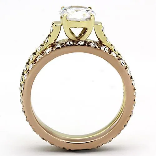 IP Gold & IP Rose Gold (Ion Plating) Stainless Steel Ring with AAA Grade CZ in Clear for Women Style TK968