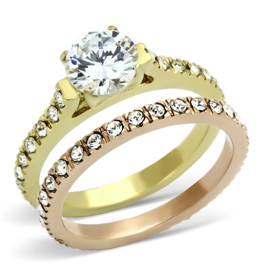 IP Gold & IP Rose Gold (Ion Plating) Stainless Steel Ring with AAA Grade CZ in Clear for Women Style TK968