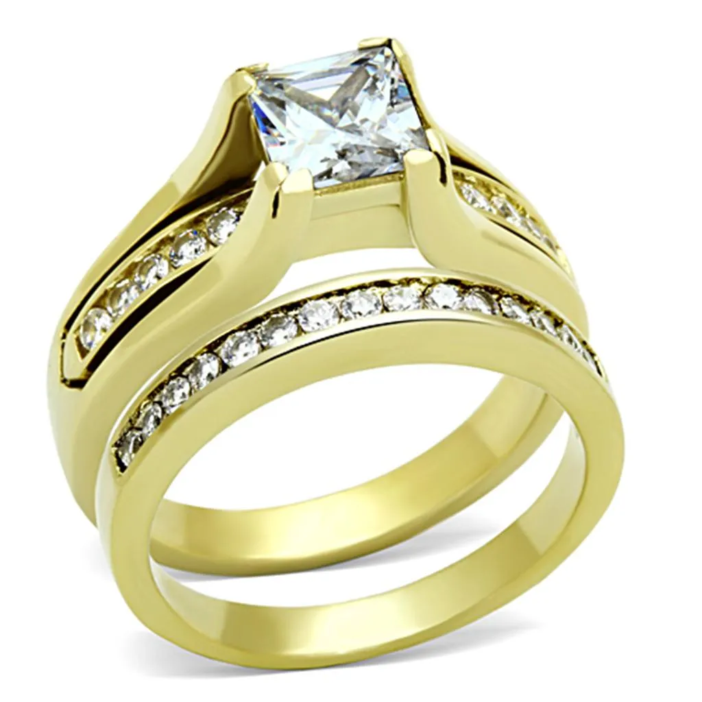 IP Gold(Ion Plating) Stainless Steel Ring with AAA Grade CZ in Clear for Women Style TK0W384