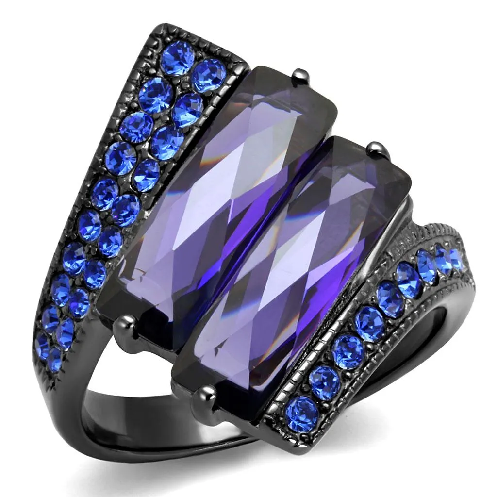 IP Light Black (IP Gun) Stainless Steel Ring with AAA Grade CZ in Tanzanite for Women Style TK2996