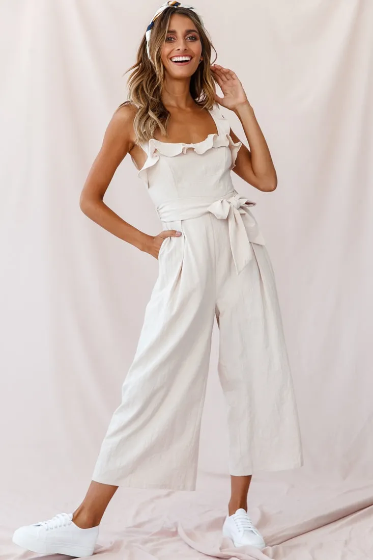 Kaia Ruffle Strap Wide-Leg Capri Jumpsuit Beige