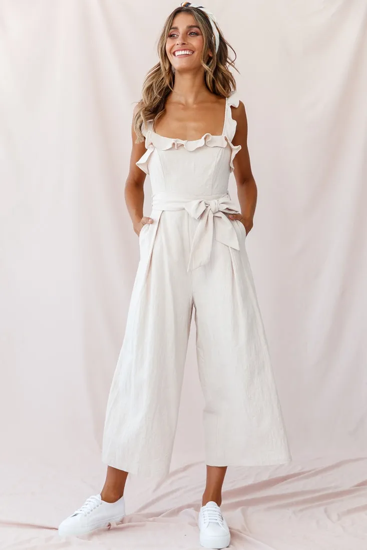 Kaia Ruffle Strap Wide-Leg Capri Jumpsuit Beige