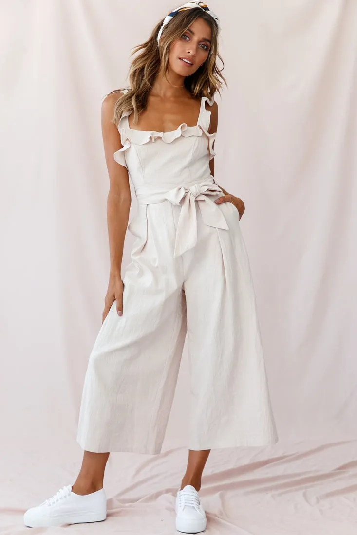 Kaia Ruffle Strap Wide-Leg Capri Jumpsuit Beige