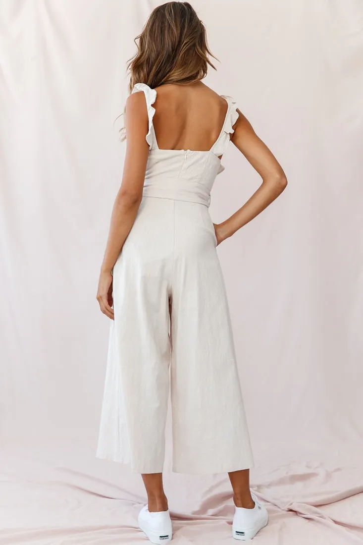 Kaia Ruffle Strap Wide-Leg Capri Jumpsuit Beige