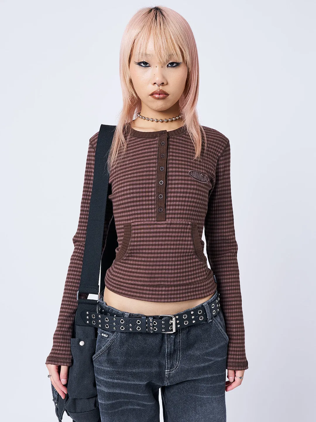 Kimi Brown Half Button Striped Top