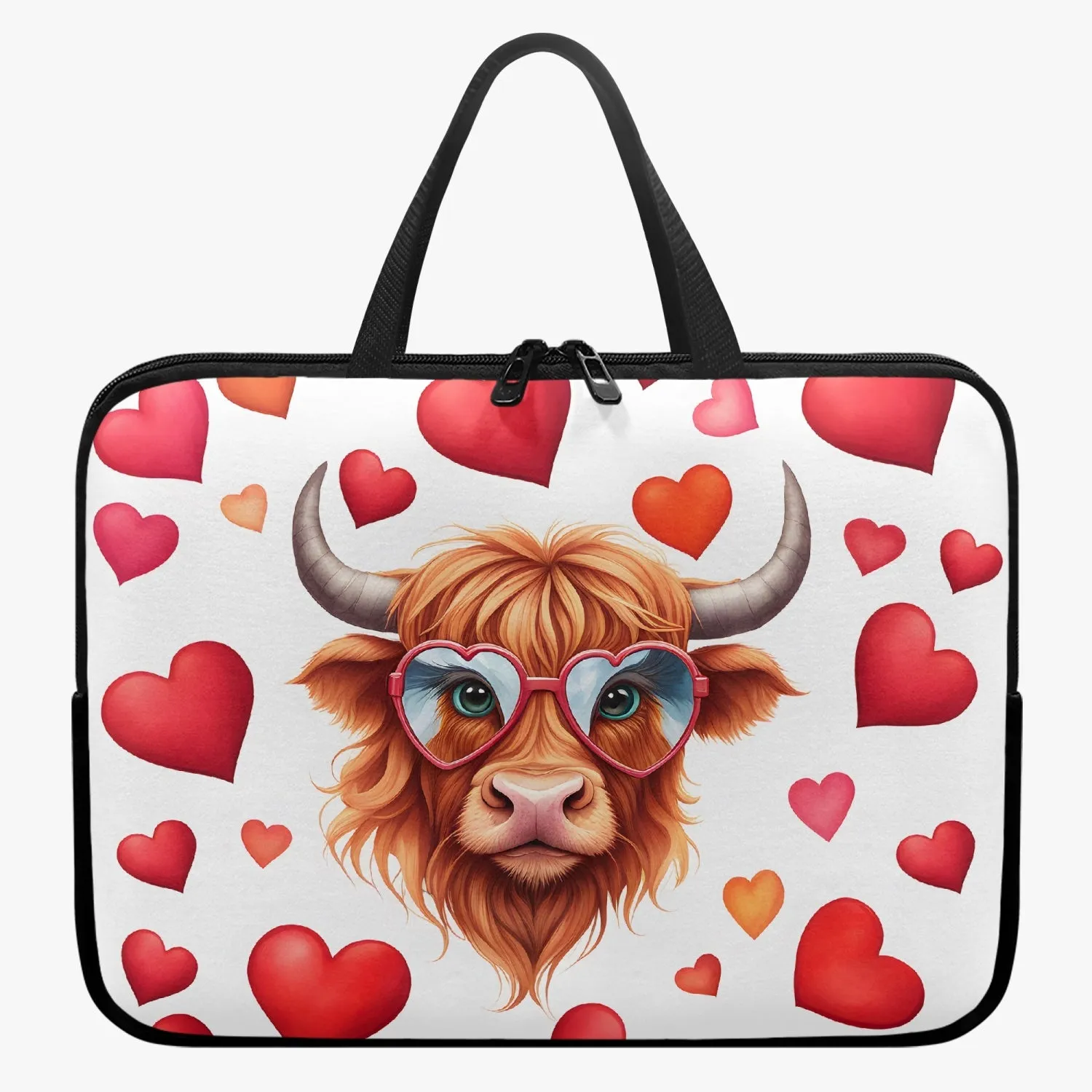 Laptop Sleeve  with Handles- Highland Cow - Hearts