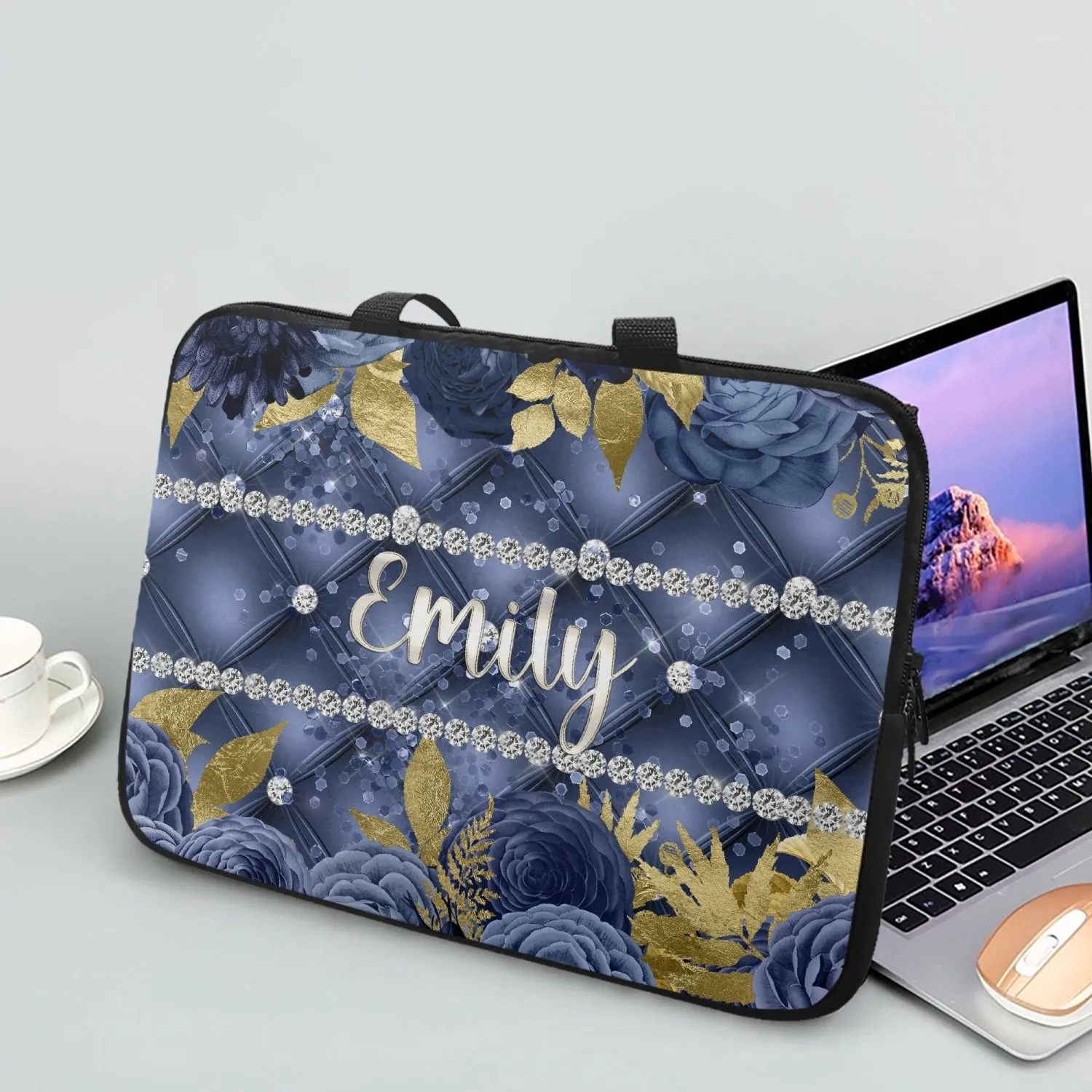 Laptop Sleeve with handles - Navy Floral - Personalised