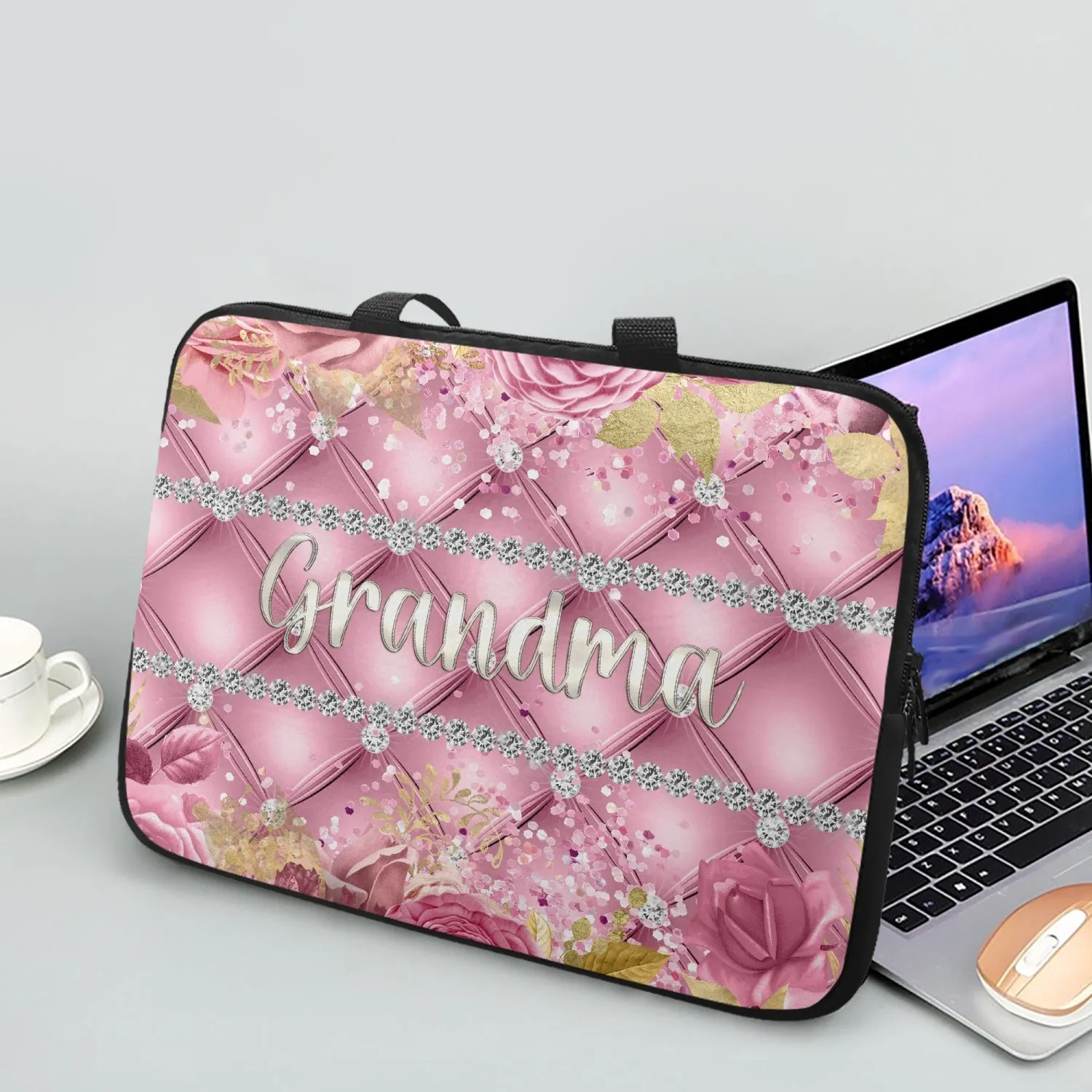 Laptop Sleeve with handles - Pink Floral - Grandma