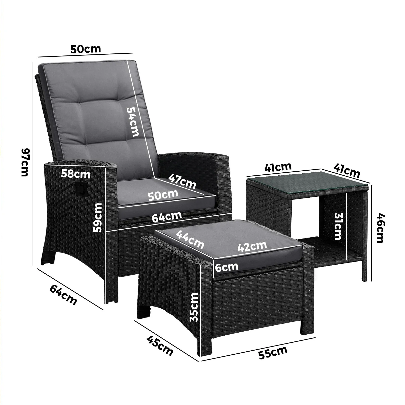 Livsip Outdoor Recliner Chair & Table Set Wicker lounge Patio Furniture Setting