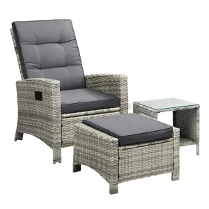 Livsip Recliner Chair Outdoor Sun Lounge Setting Wicker Sofa Patio Furniture 3PC