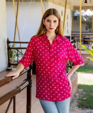 Magenta Bandhej Printed  Button Down Shirt