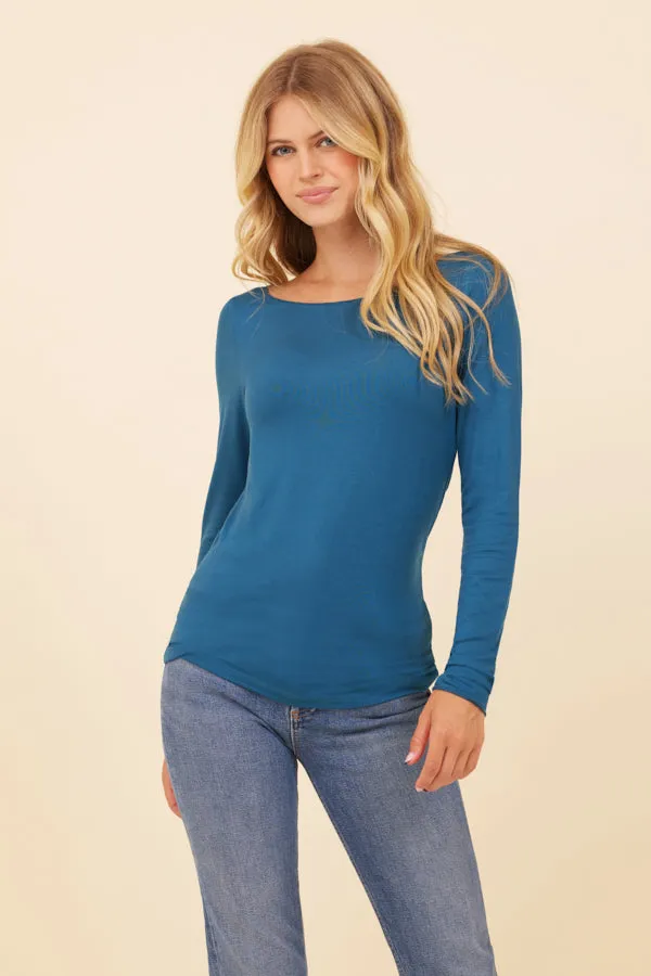 Majestic Soft Touch Long Sleeve Boatneck in Blue Paon